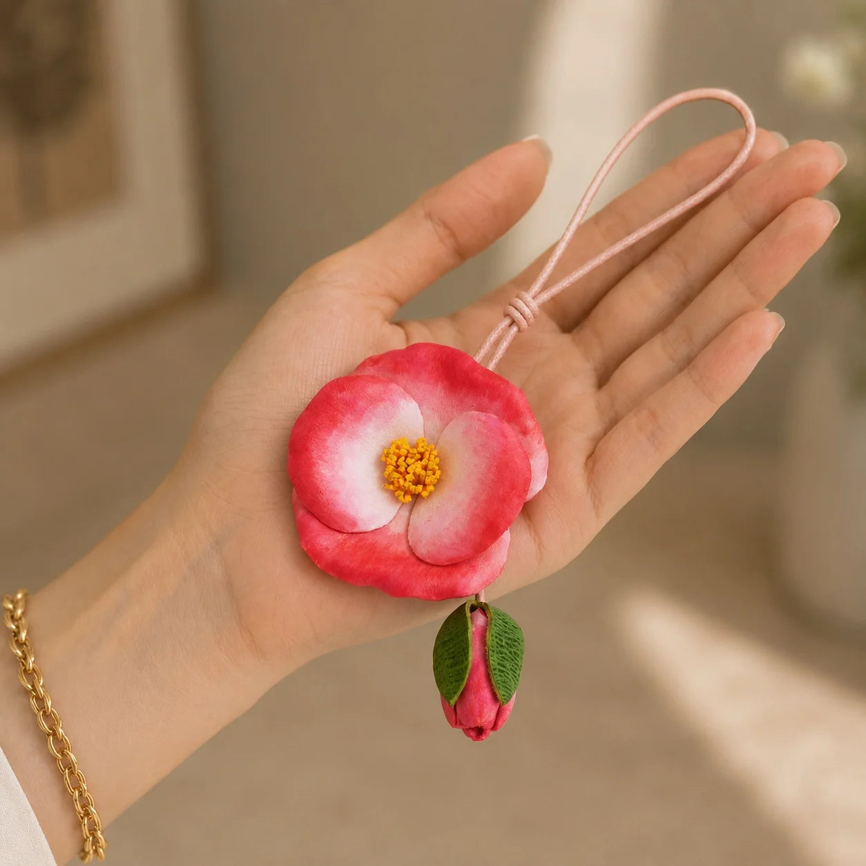 Hand-Painted Coral Camellia Leather Bag Charm with Delicate Bud, Artistic Botanical Handbag Accessory