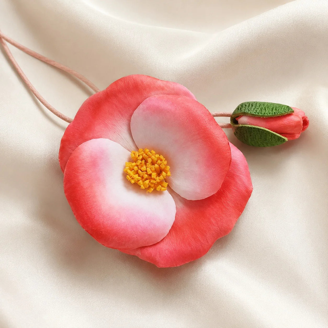 Hand-Painted Coral Camellia Leather Bag Charm with Delicate Bud, Artistic Botanical Handbag Accessory