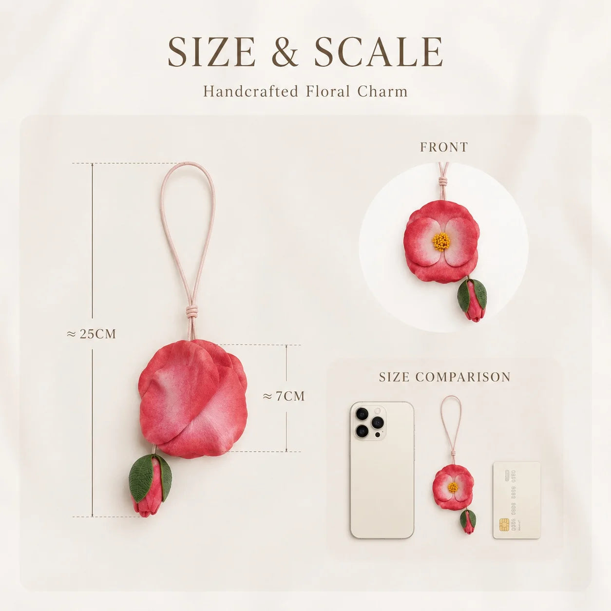 Hand-Painted Coral Camellia Leather Bag Charm with Delicate Bud, Artistic Botanical Handbag Accessory