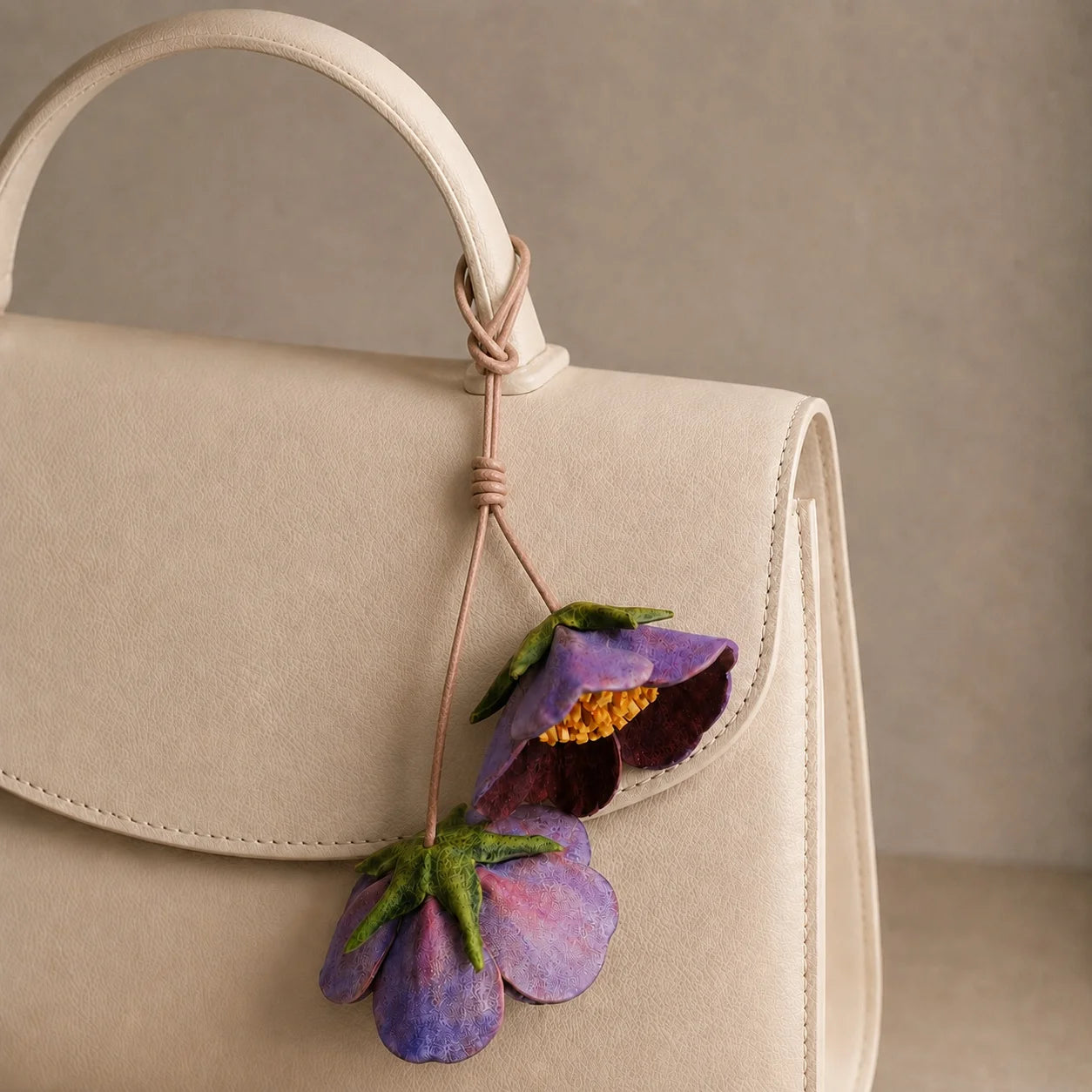 Amuleto para Bolsos Estructurados de Piel de Oveja Teñida a Mano, Esculpido, Violeta, de Doble Flor, con Curtido Vegetal y Centros Dorados