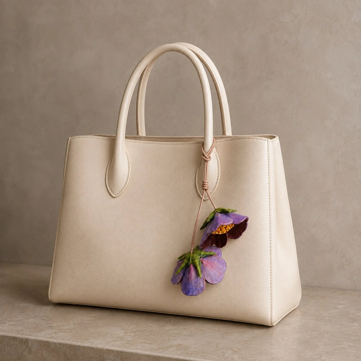 Amuleto para Bolsos Estructurados de Piel de Oveja Teñida a Mano, Esculpido, Violeta, de Doble Flor, con Curtido Vegetal y Centros Dorados
