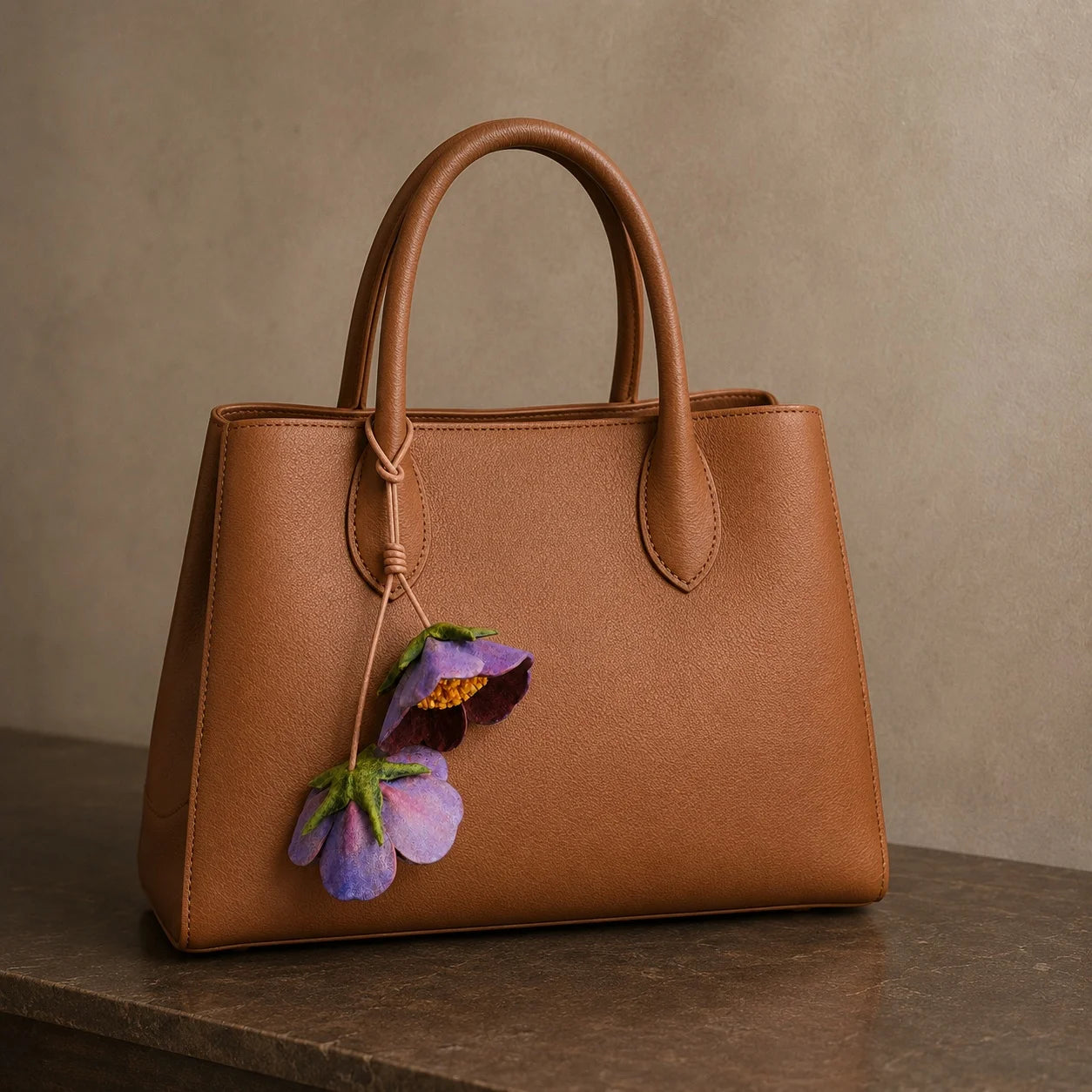 Amuleto para Bolsos Estructurados de Piel de Oveja Teñida a Mano, Esculpido, Violeta, de Doble Flor, con Curtido Vegetal y Centros Dorados