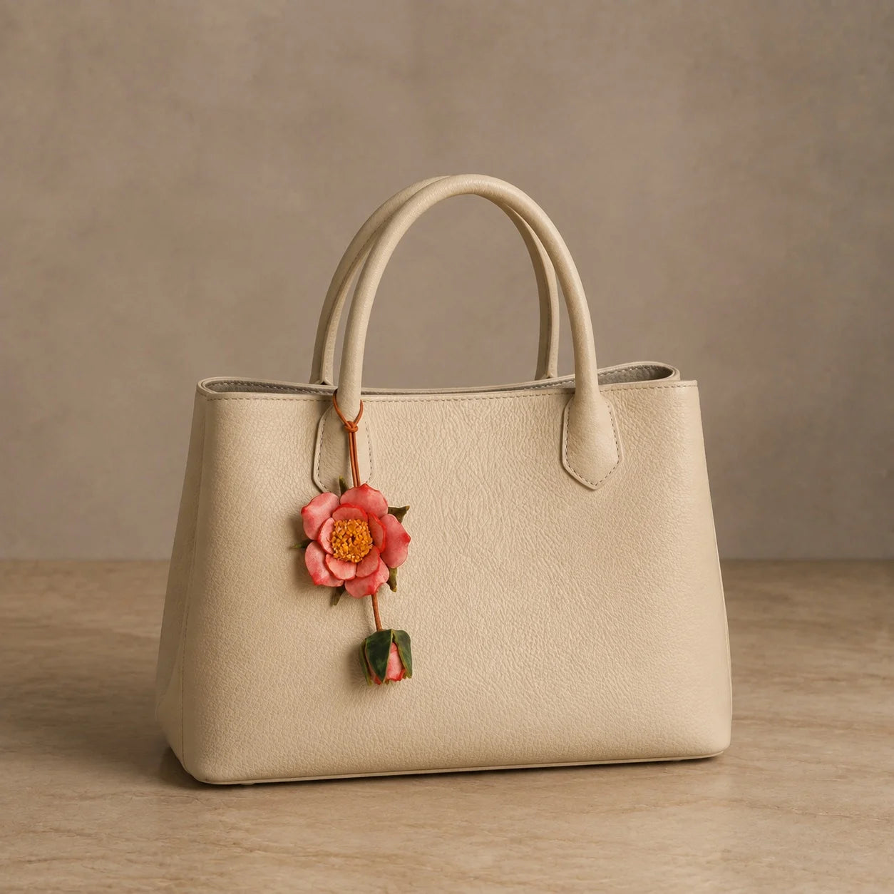 Colgante de Rosa y Capullo para Bolso, de Cuero Curtido Vegetal Hecho a Mano, con Pétalos Teñidos a Mano, Centro Floral Texturizado y Asa Delgada para Bolsos de Diario