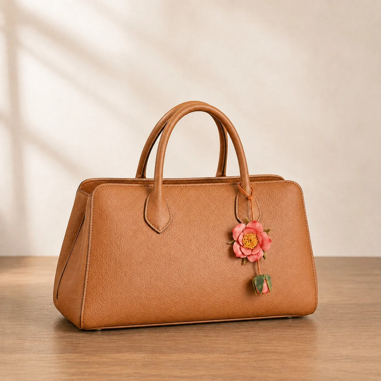 Colgante de Rosa y Capullo para Bolso, de Cuero Curtido Vegetal Hecho a Mano, con Pétalos Teñidos a Mano, Centro Floral Texturizado y Asa Delgada para Bolsos de Diario