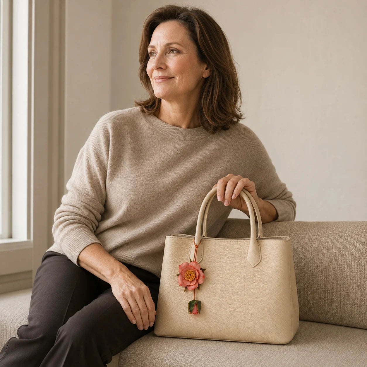 Colgante de Rosa y Capullo para Bolso, de Cuero Curtido Vegetal Hecho a Mano, con Pétalos Teñidos a Mano, Centro Floral Texturizado y Asa Delgada para Bolsos de Diario