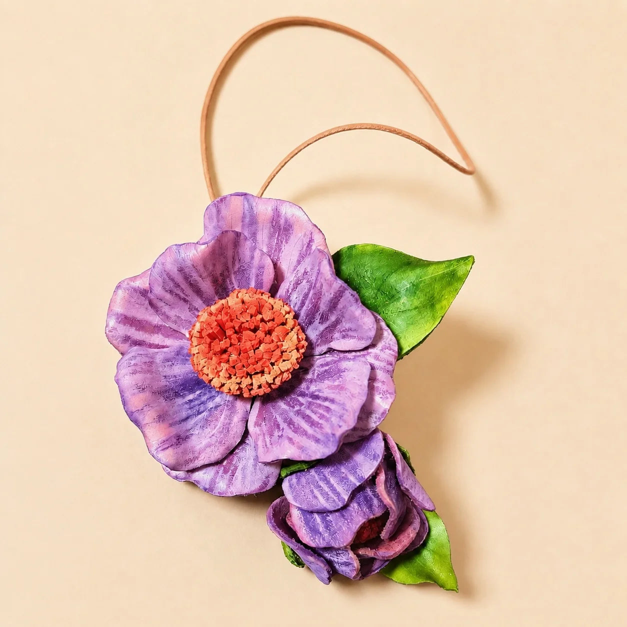 Handcrafted Italian Vegetable-Tanned Leather Purple Wildflower Bag Charm with Sculptural Double Blooms, Coral Center and Natural Tan Loop for Handbags