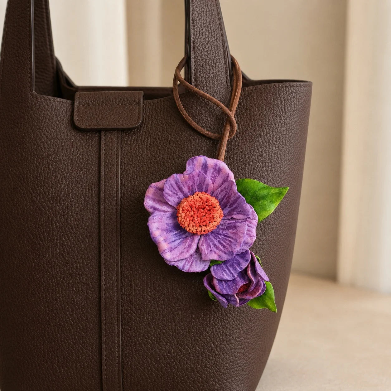 Handcrafted Italian Vegetable-Tanned Leather Purple Wildflower Bag Charm with Sculptural Double Blooms, Coral Center and Natural Tan Loop for Handbags