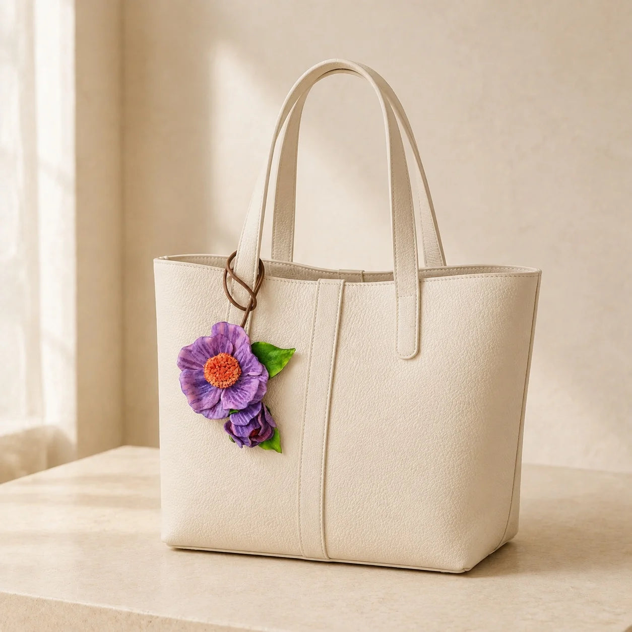 Handcrafted Italian Vegetable-Tanned Leather Purple Wildflower Bag Charm with Sculptural Double Blooms, Coral Center and Natural Tan Loop for Handbags