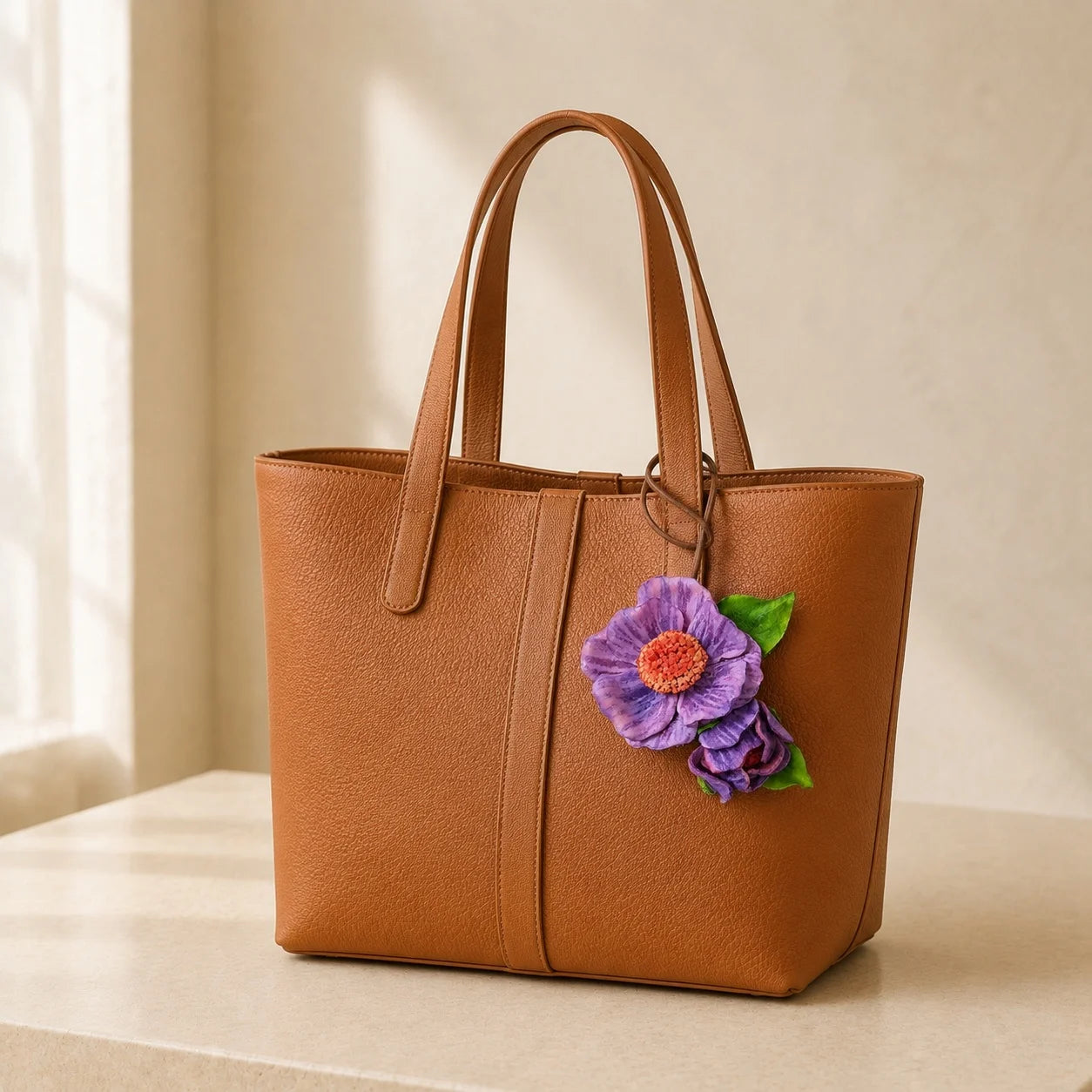 Handcrafted Italian Vegetable-Tanned Leather Purple Wildflower Bag Charm with Sculptural Double Blooms, Coral Center and Natural Tan Loop for Handbags