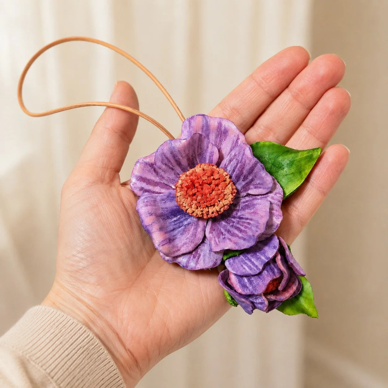 Handcrafted Italian Vegetable-Tanned Leather Purple Wildflower Bag Charm with Sculptural Double Blooms, Coral Center and Natural Tan Loop for Handbags