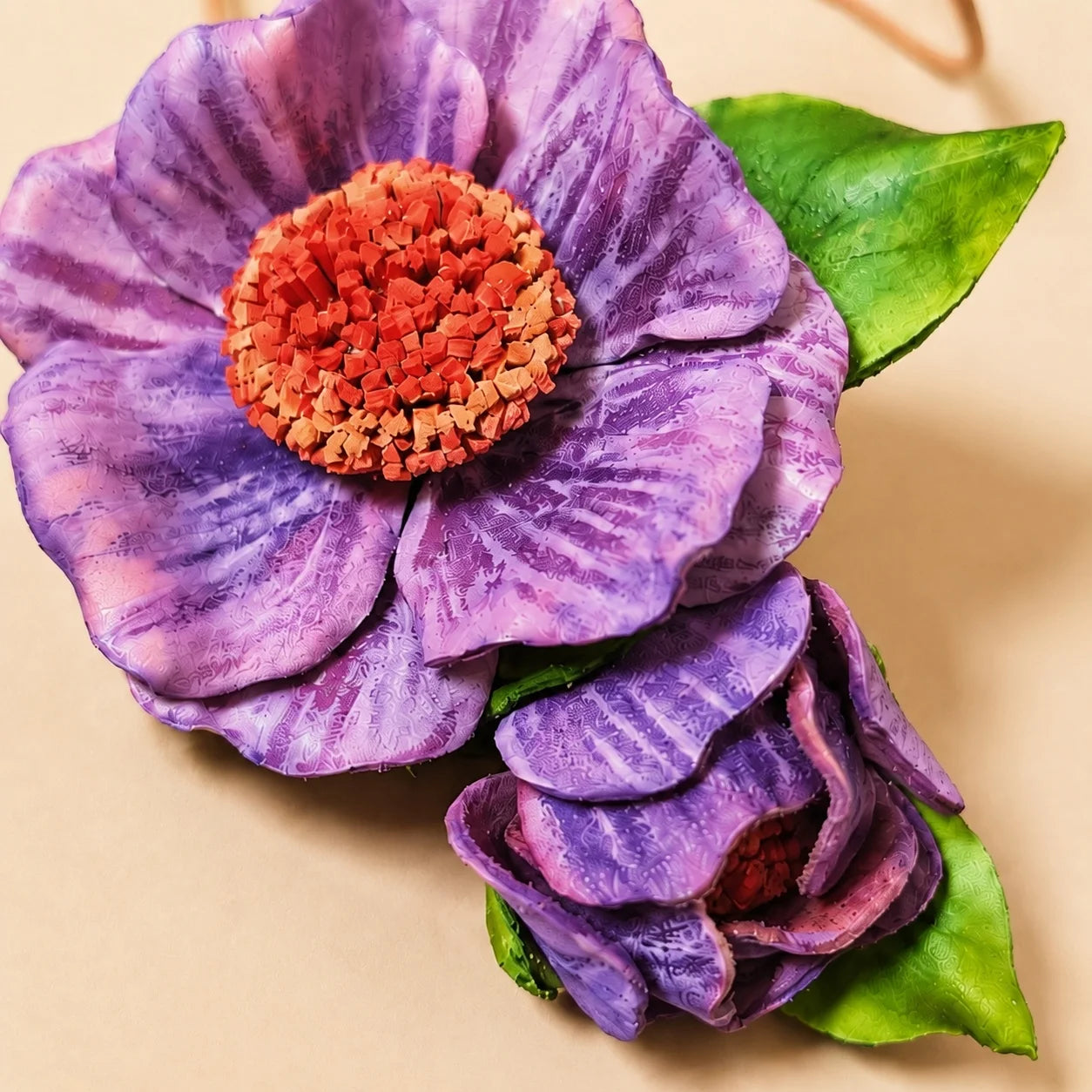 Handcrafted Italian Vegetable-Tanned Leather Purple Wildflower Bag Charm with Sculptural Double Blooms, Coral Center and Natural Tan Loop for Handbags