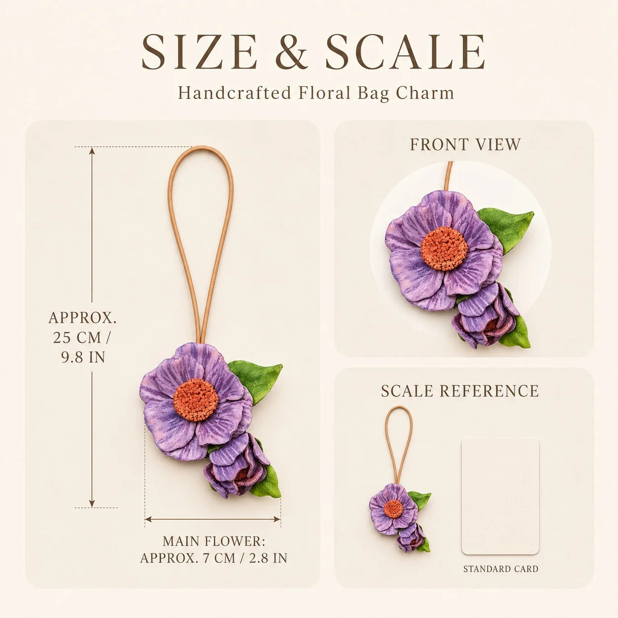 Handcrafted Italian Vegetable-Tanned Leather Purple Wildflower Bag Charm with Sculptural Double Blooms, Coral Center and Natural Tan Loop for Handbags