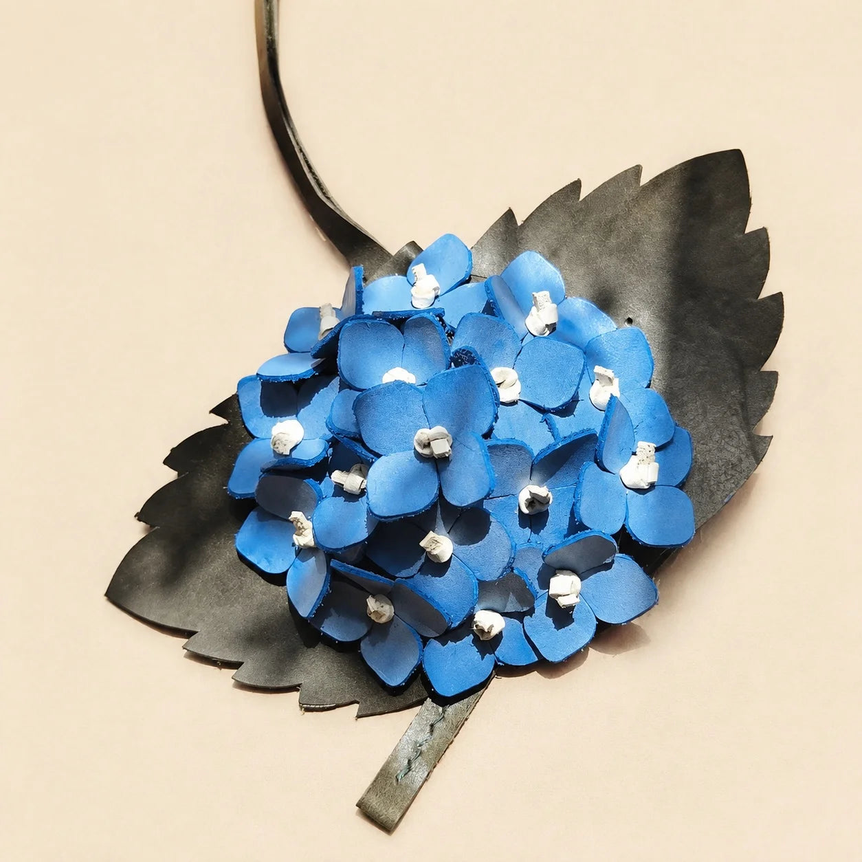 Handcrafted Sculptural Hydrangea Leather Bag Charm with Layered Florals, Serrated Leaves and Brass Ring for Medium and Large Tote Bags