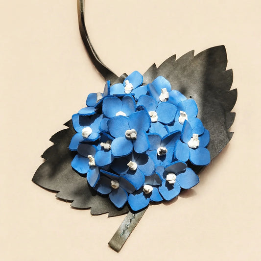 Handcrafted Sculptural Hydrangea Leather Bag Charm with Layered Florals, Serrated Leaves and Brass Ring for Medium and Large Tote Bags