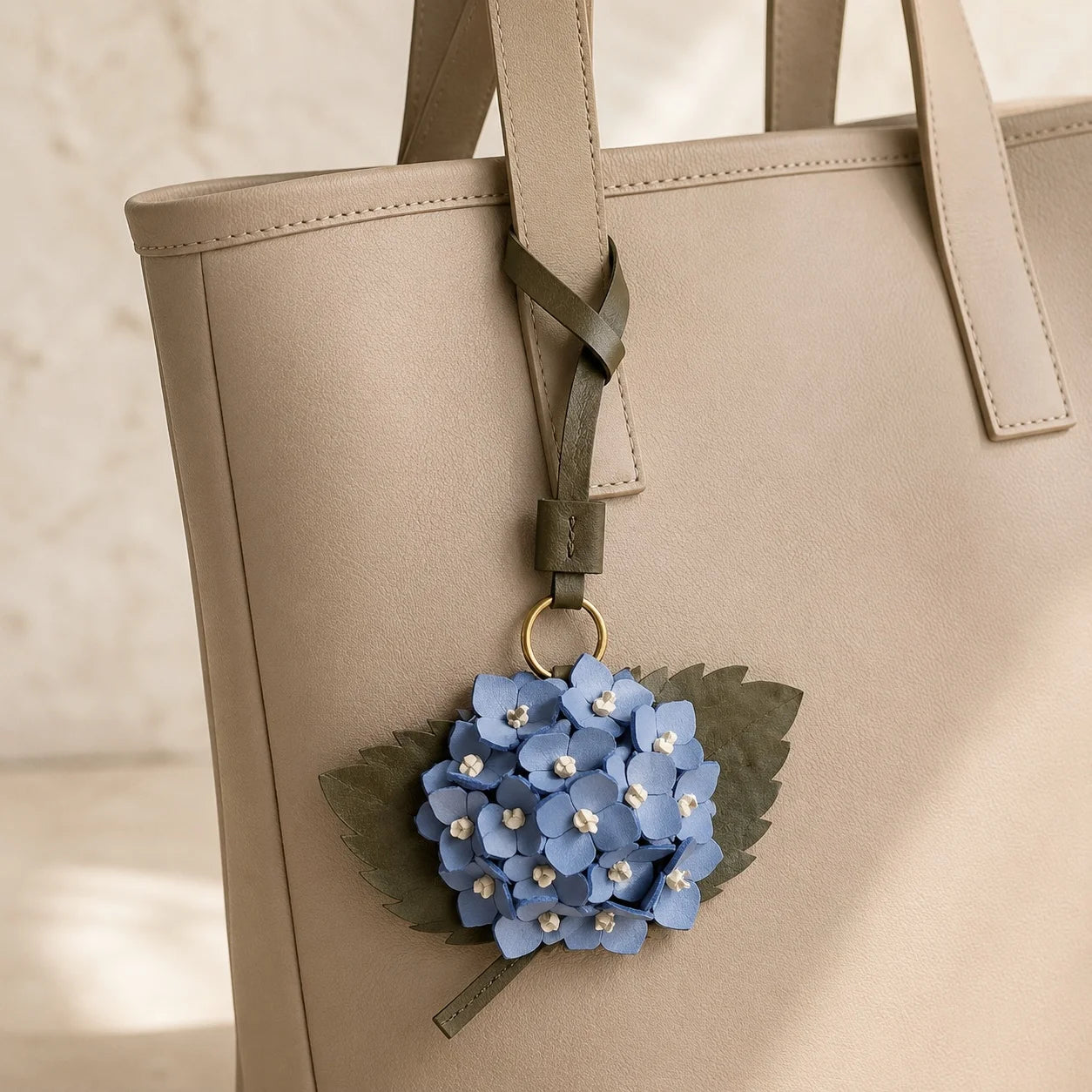 Handcrafted Sculptural Hydrangea Leather Bag Charm with Layered Florals, Serrated Leaves and Brass Ring for Medium and Large Tote Bags