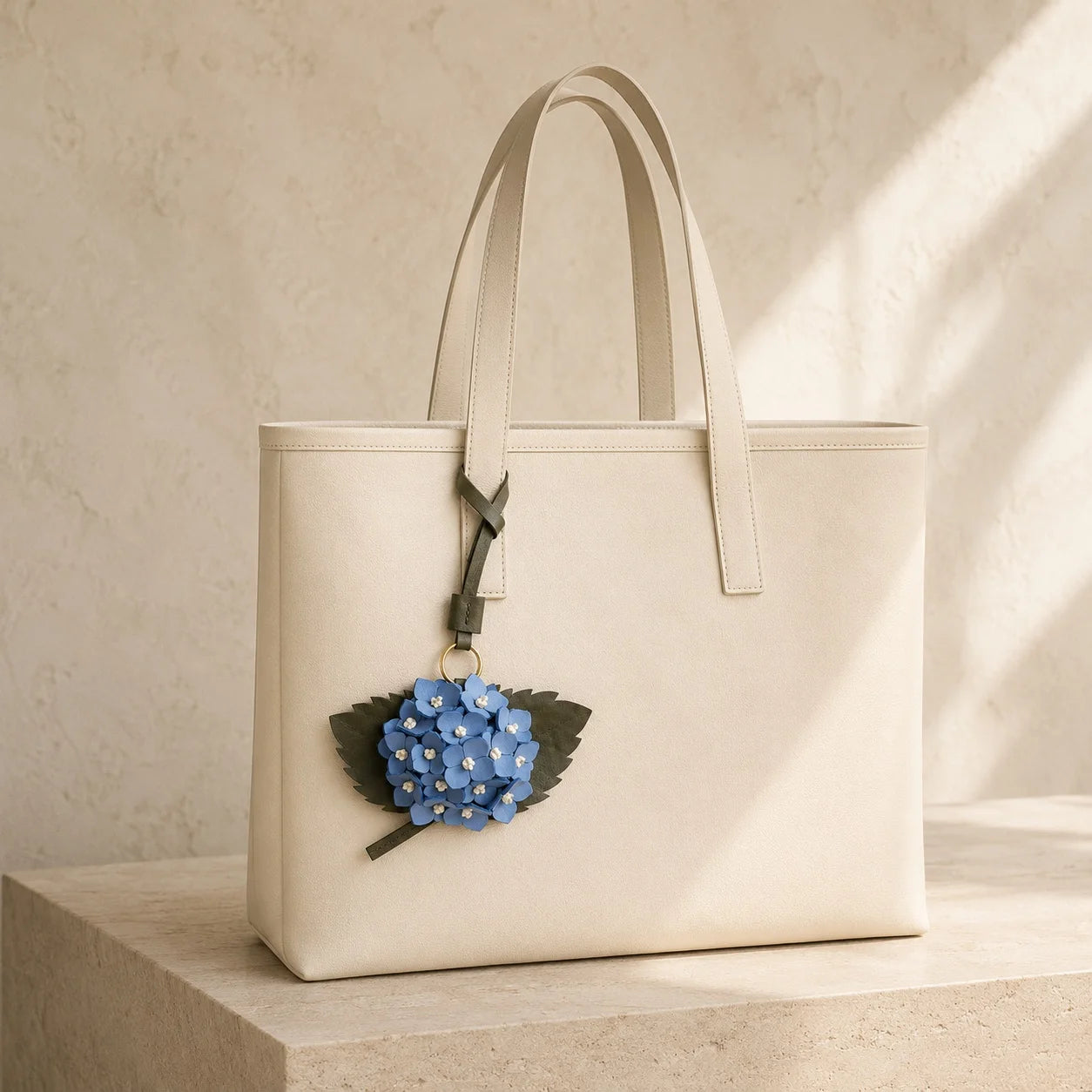 Handcrafted Sculptural Hydrangea Leather Bag Charm with Layered Florals, Serrated Leaves and Brass Ring for Medium and Large Tote Bags