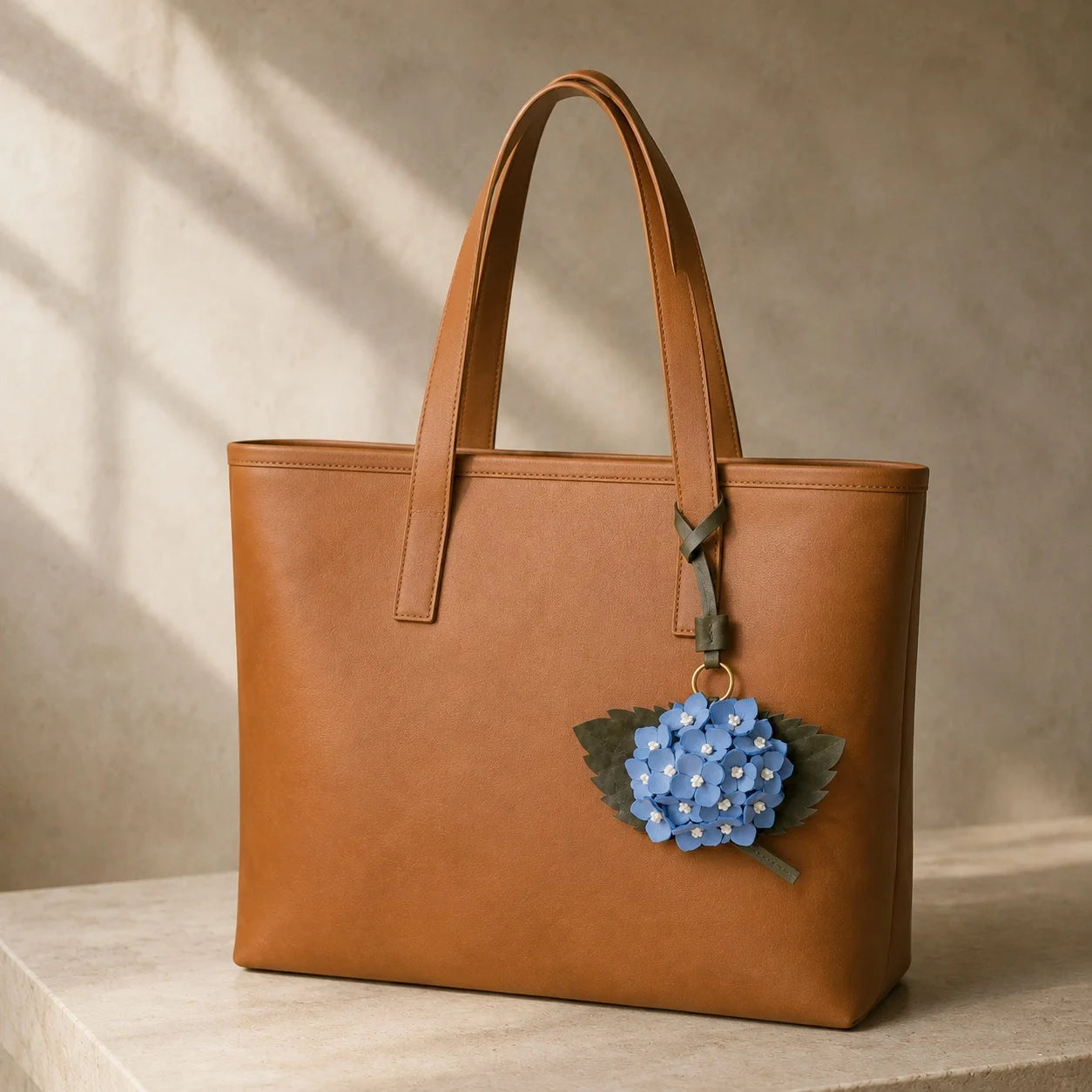 Handcrafted Sculptural Hydrangea Leather Bag Charm with Layered Florals, Serrated Leaves and Brass Ring for Medium and Large Tote Bags