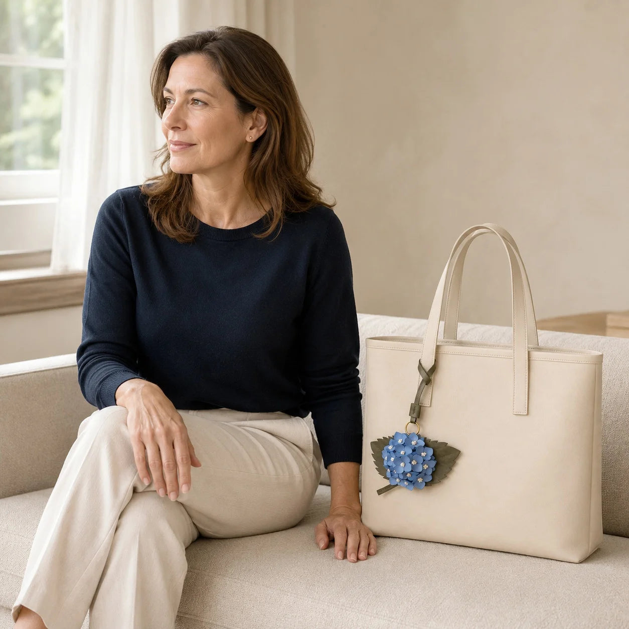 Handcrafted Sculptural Hydrangea Leather Bag Charm with Layered Florals, Serrated Leaves and Brass Ring for Medium and Large Tote Bags