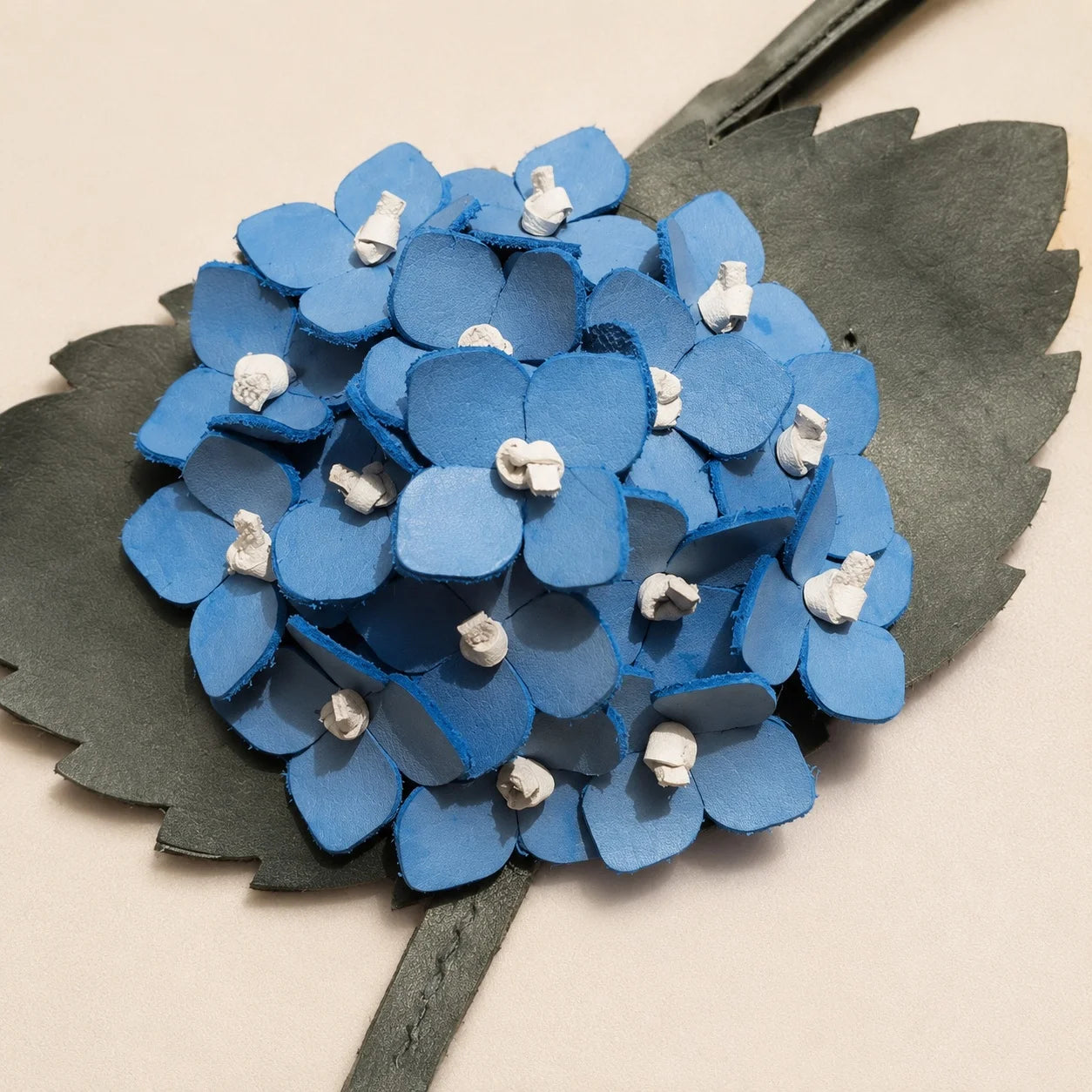 Handcrafted Sculptural Hydrangea Leather Bag Charm with Layered Florals, Serrated Leaves and Brass Ring for Medium and Large Tote Bags
