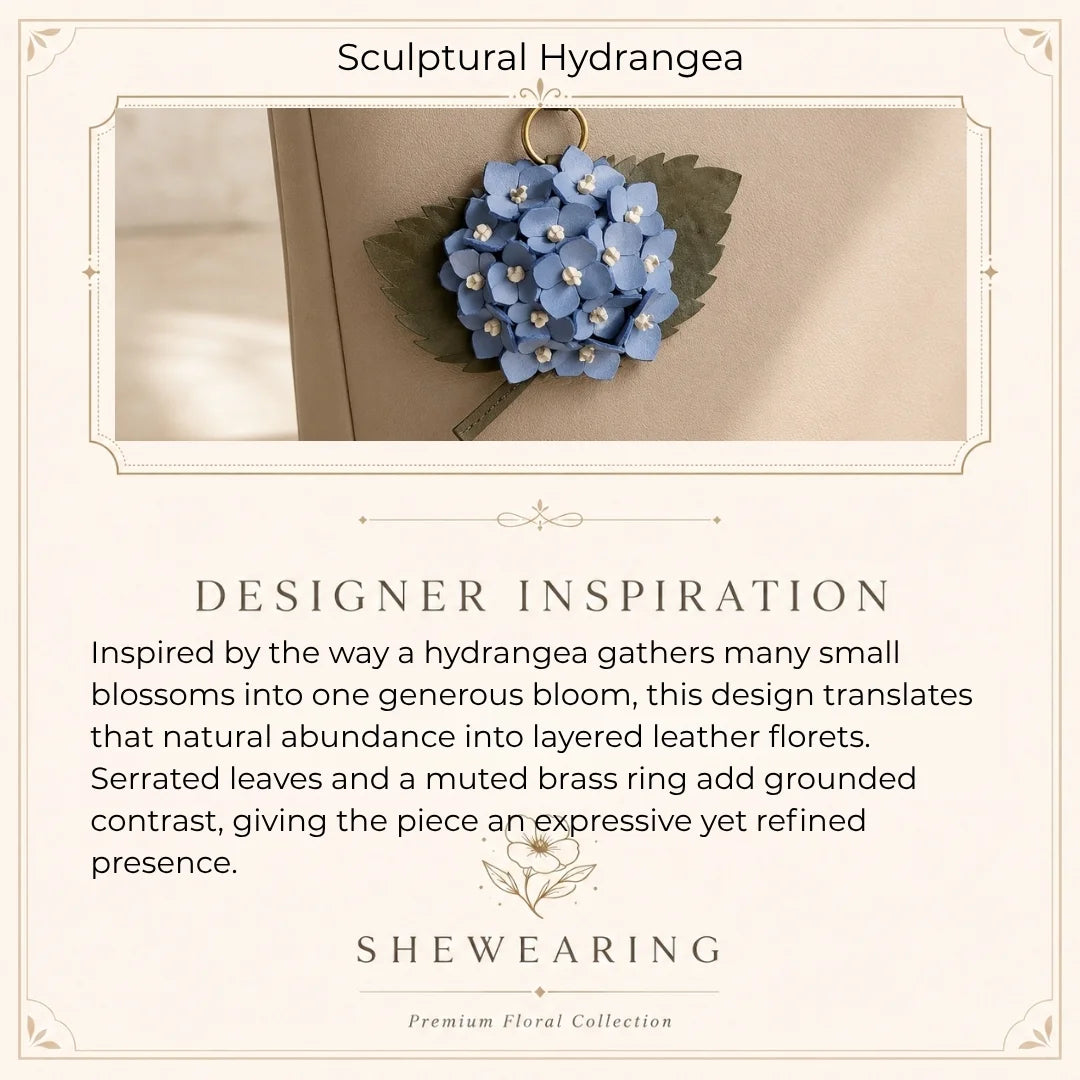 Handcrafted Sculptural Hydrangea Leather Bag Charm with Layered Florals, Serrated Leaves and Brass Ring for Medium and Large Tote Bags