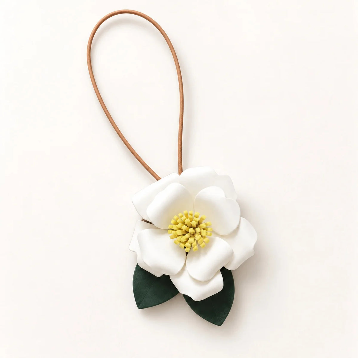 Handcrafted Sculptural Camellia Leather Bag Charm with Ivory and Red Variations, Elegant Floral Handbag Accessory for Refined Everyday Styling