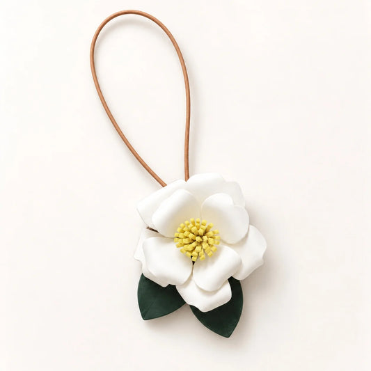 Handcrafted Sculptural Camellia Leather Bag Charm with Ivory and Red Variations, Elegant Floral Handbag Accessory for Refined Everyday Styling