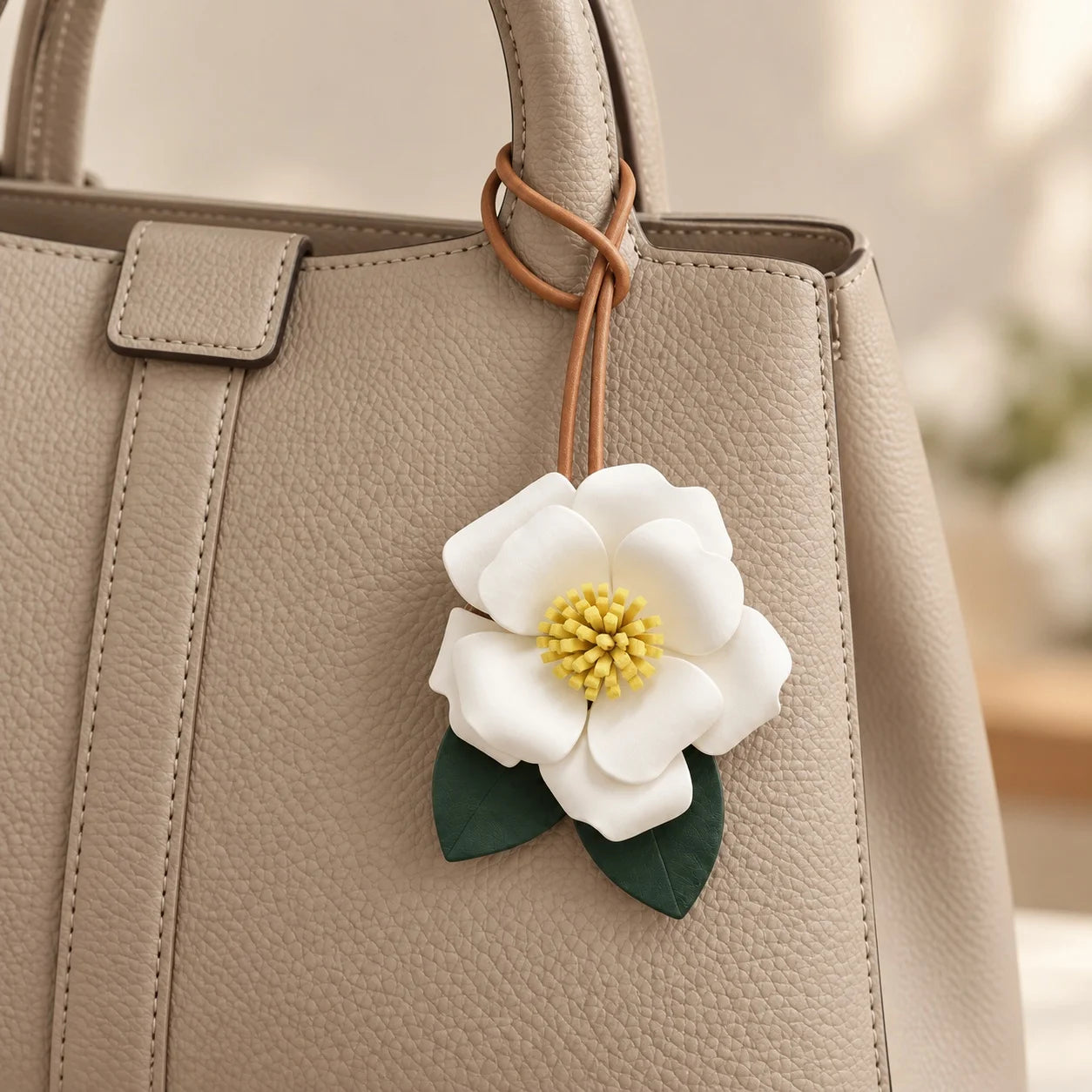 Handcrafted Sculptural Camellia Leather Bag Charm with Ivory and Red Variations, Elegant Floral Handbag Accessory for Refined Everyday Styling