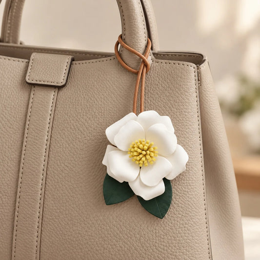 Llavero/Colgante de Piel Escultórico de Camelia Hecho a Mano con Variaciones en Marfil y Rojo, Elegante Accesorio Floral para Bolso para un Estilo Refinado de Diario