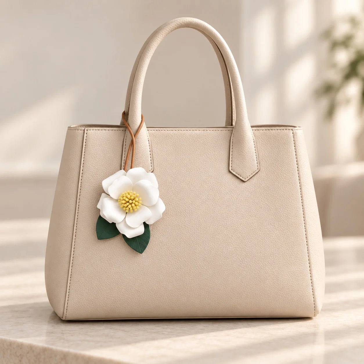 Handcrafted Sculptural Camellia Leather Bag Charm with Ivory and Red Variations, Elegant Floral Handbag Accessory for Refined Everyday Styling