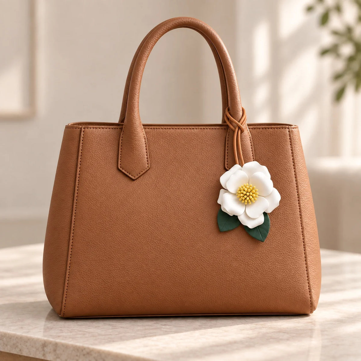 Handcrafted Sculptural Camellia Leather Bag Charm with Ivory and Red Variations, Elegant Floral Handbag Accessory for Refined Everyday Styling