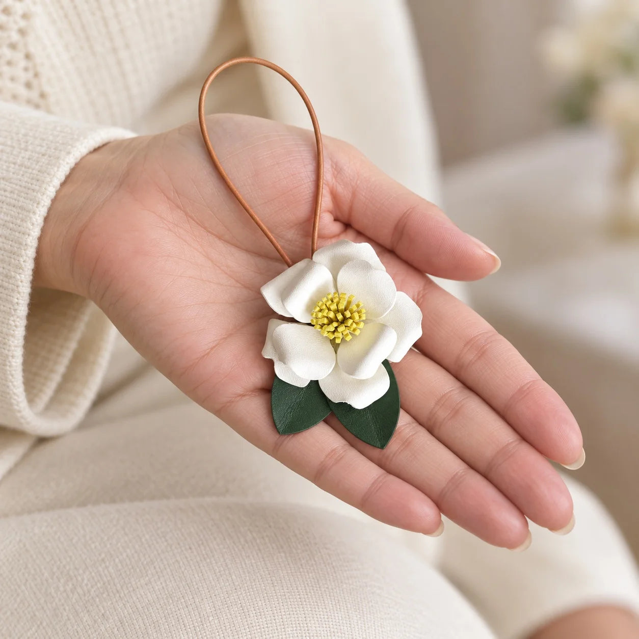 Handcrafted Sculptural Camellia Leather Bag Charm with Ivory and Red Variations, Elegant Floral Handbag Accessory for Refined Everyday Styling