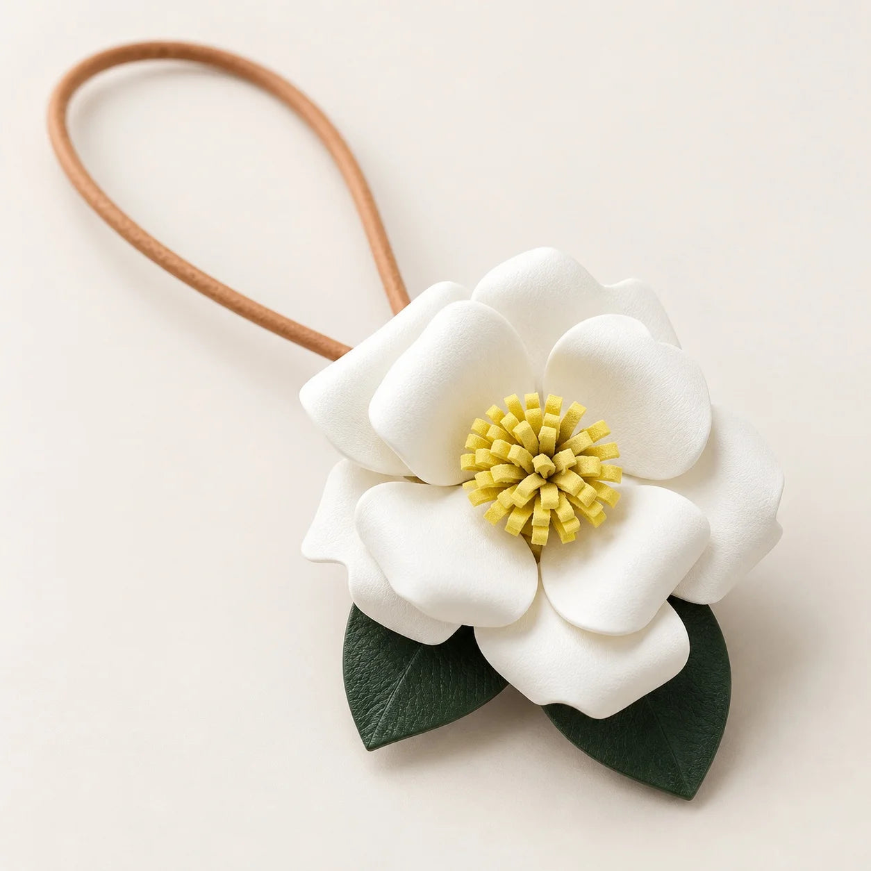 Handcrafted Sculptural Camellia Leather Bag Charm with Ivory and Red Variations, Elegant Floral Handbag Accessory for Refined Everyday Styling