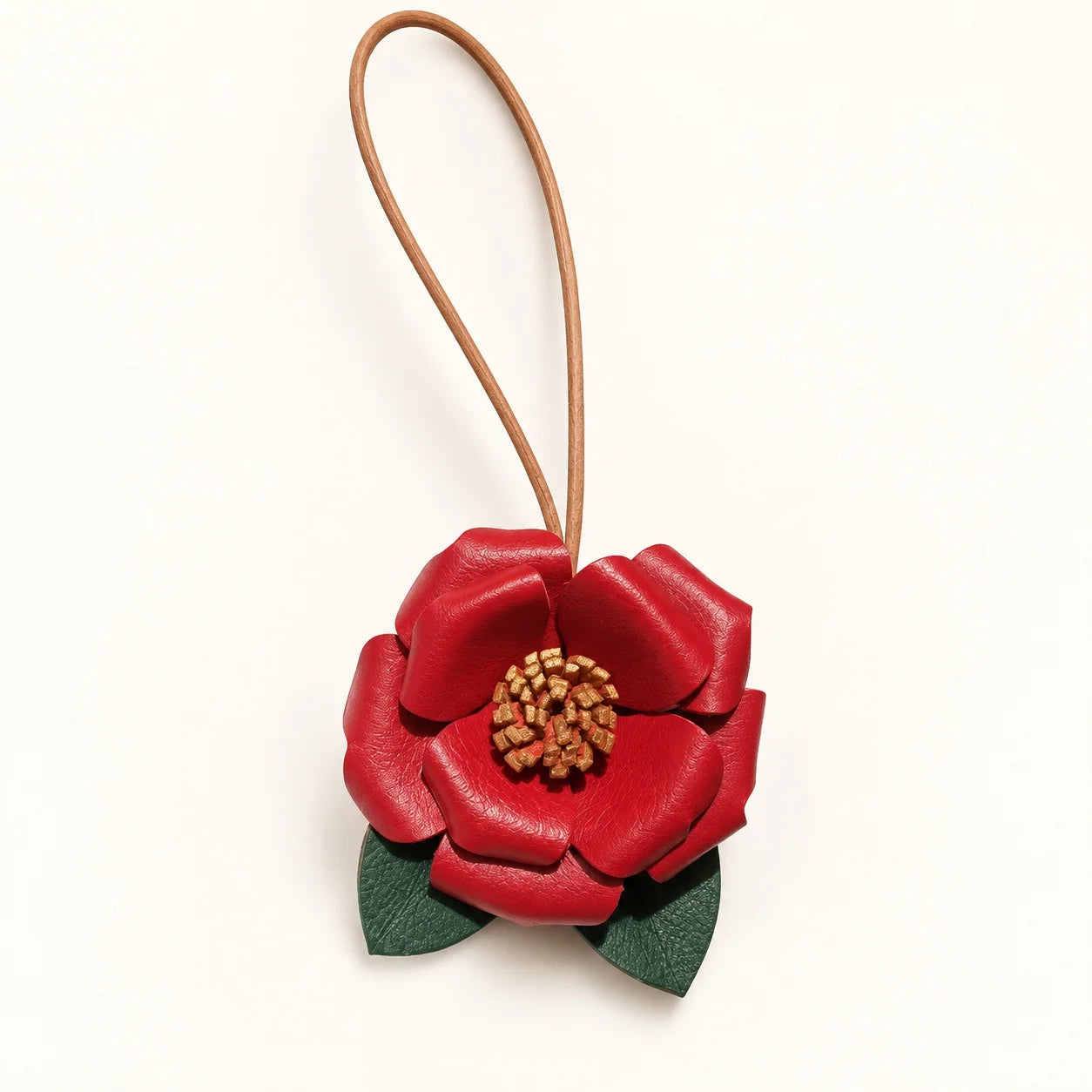 Handcrafted Sculptural Camellia Leather Bag Charm with Ivory and Red Variations, Elegant Floral Handbag Accessory for Refined Everyday Styling