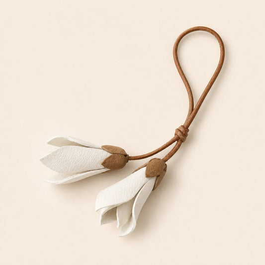 White Magnolia Leather Bag Charm – Handcrafted Botanical Handbag Accessory Unique Gift