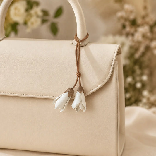 Colgante de bolso de piel Magnolia Blanca – Accesorio botánico hecho a mano Regalo único