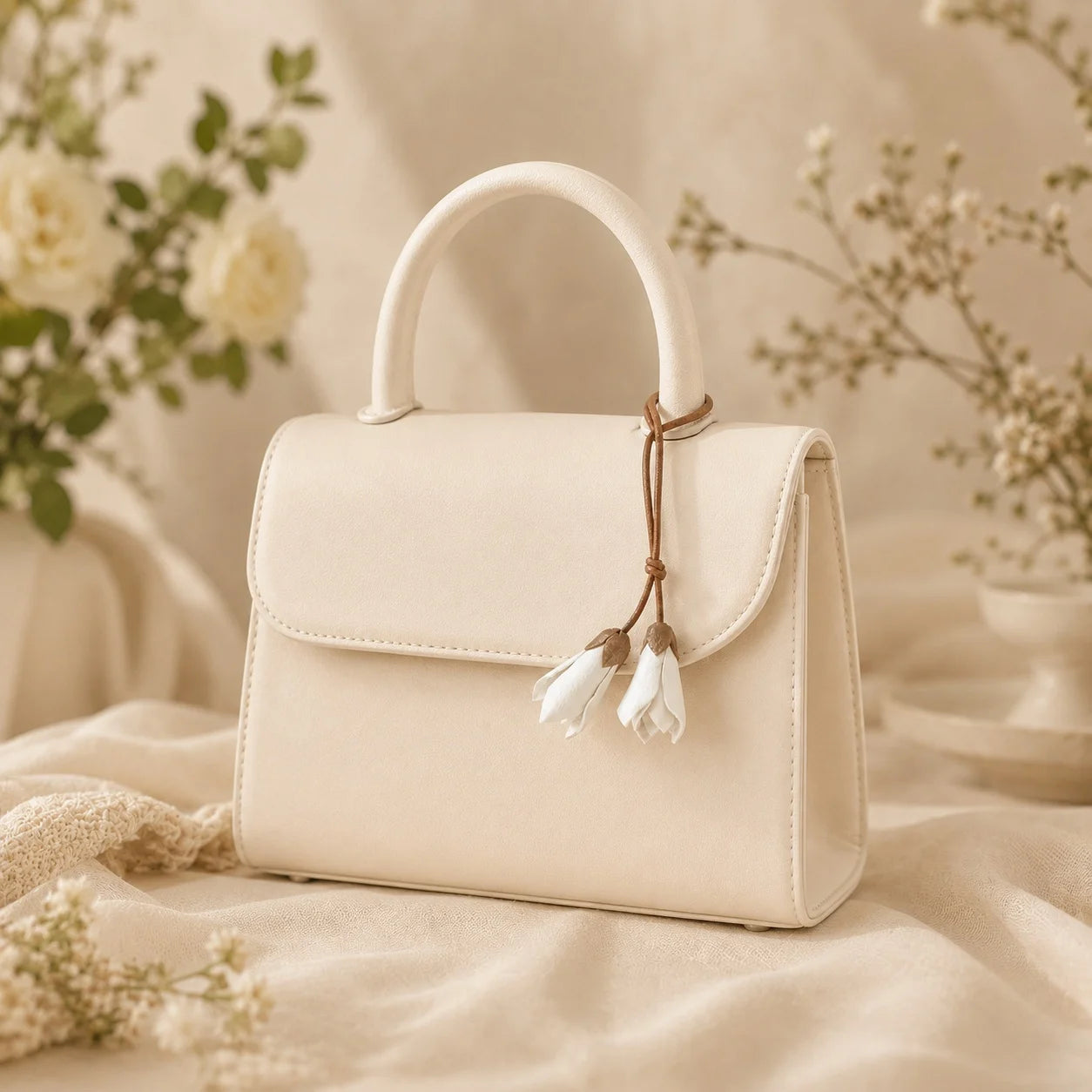 Colgante de bolso de piel Magnolia Blanca – Accesorio botánico hecho a mano Regalo único