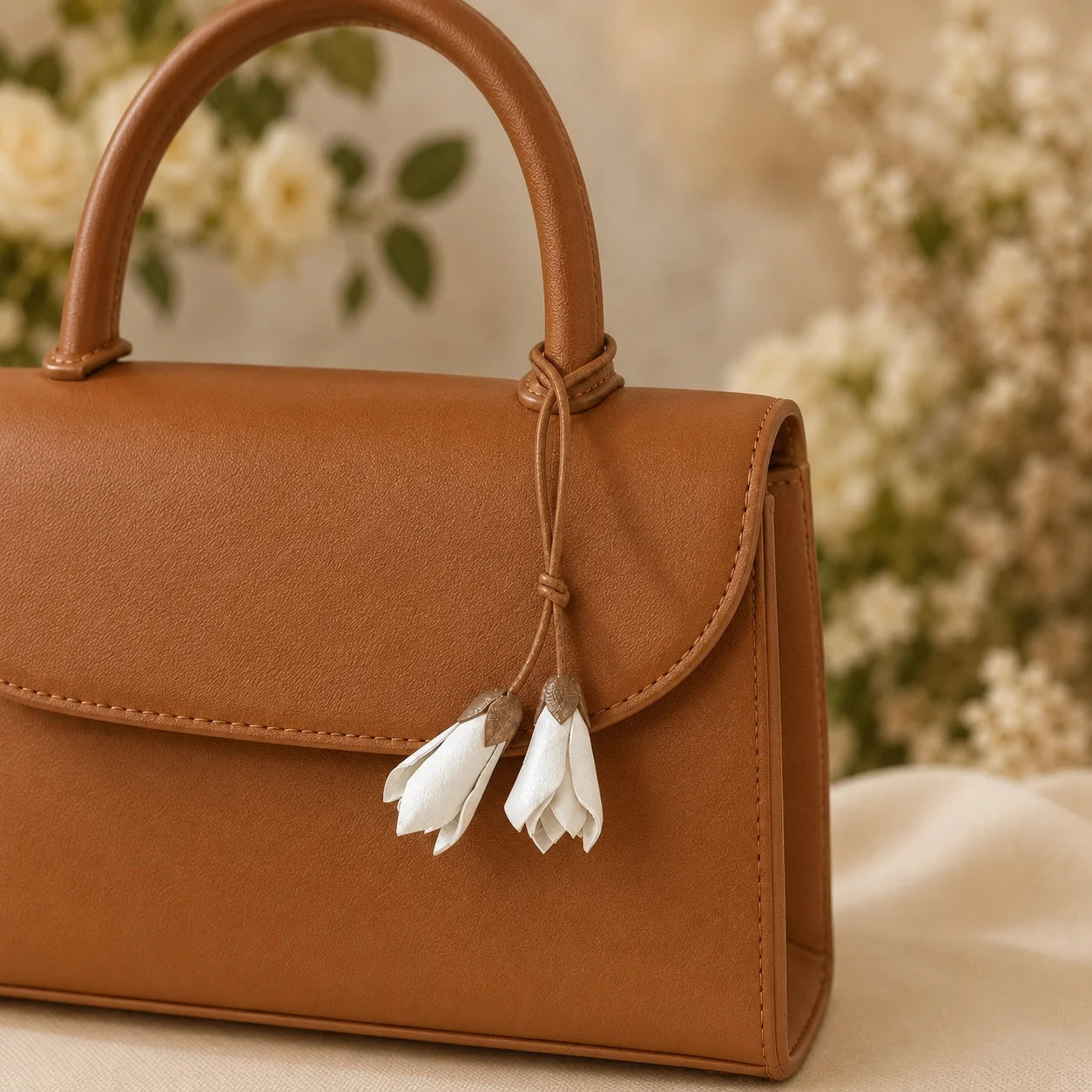 Colgante de bolso de piel Magnolia Blanca – Accesorio botánico hecho a mano Regalo único