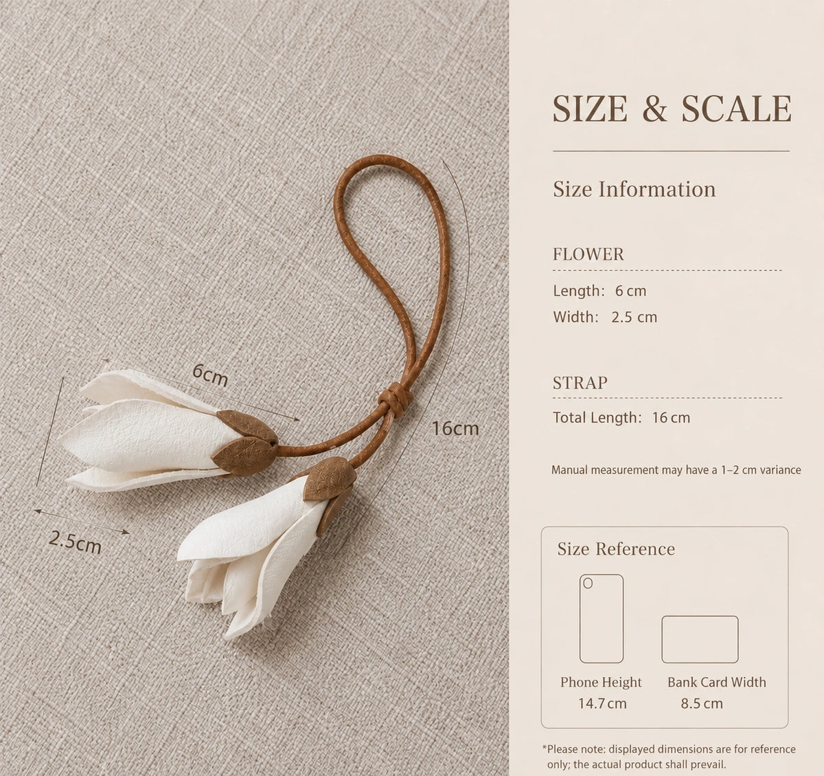 White Magnolia bag charm size guide showing 6 cm flower length and 16 cm total length