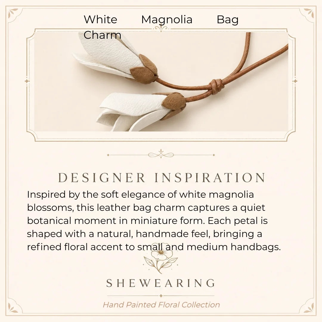 Colgante de bolso de piel Magnolia Blanca – Accesorio botánico hecho a mano Regalo único