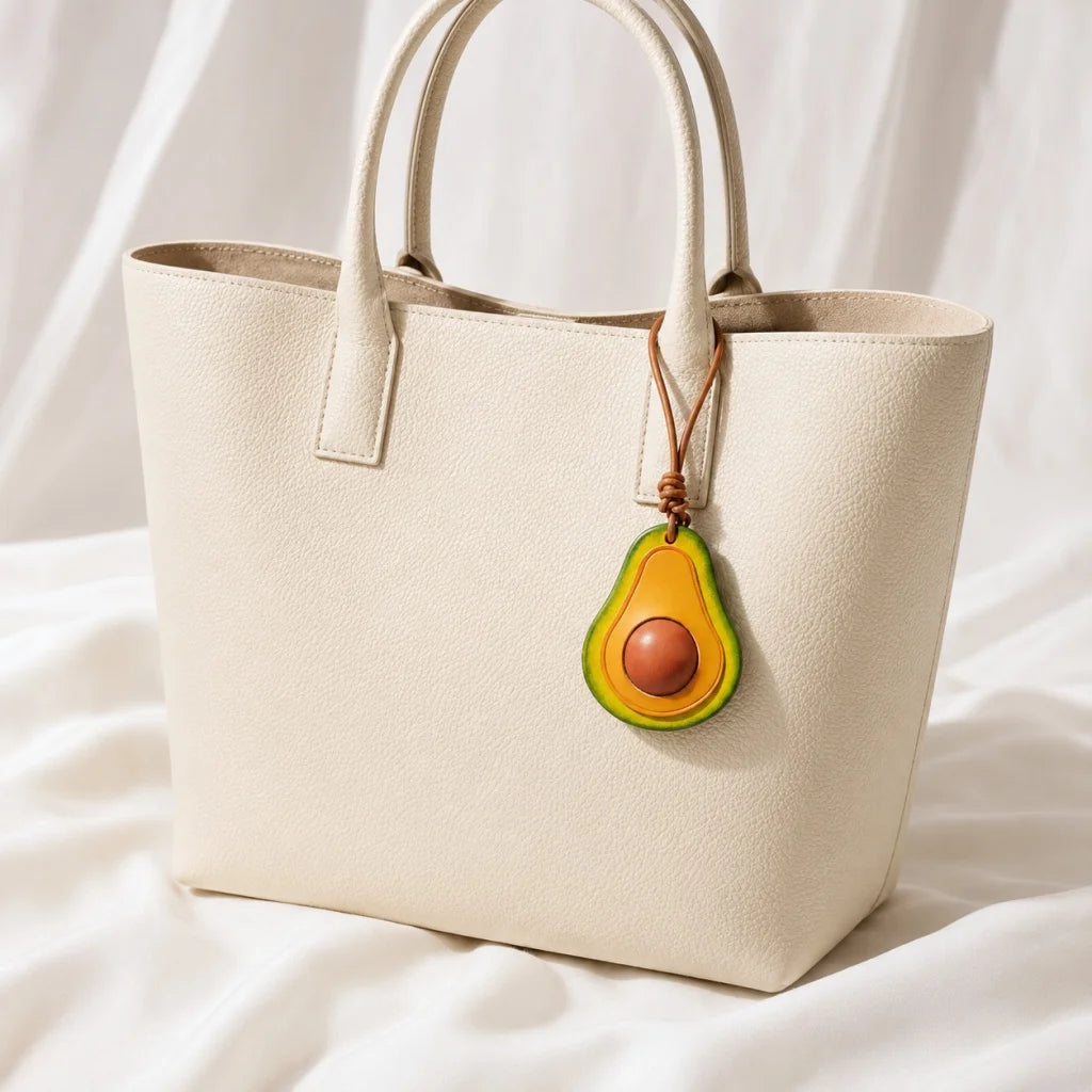 Colorful Avocado Leather Bag Charm – Handcrafted Vegetable-Tanned Keychain | Playful Fruit Pendant for Handbags | Creative Vegan-Inspired Accessory