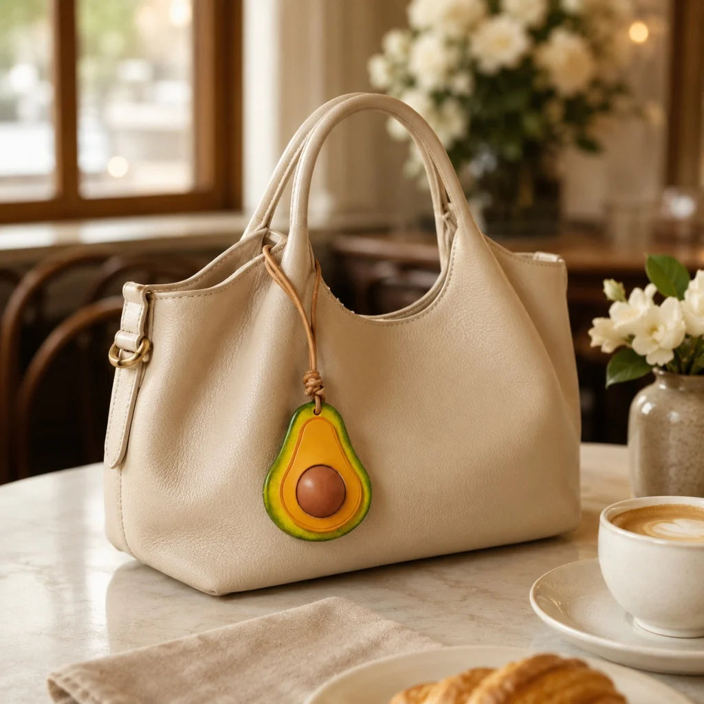 Colorful Avocado Leather Bag Charm – Handcrafted Vegetable-Tanned Keychain | Playful Fruit Pendant for Handbags | Creative Vegan-Inspired Accessory