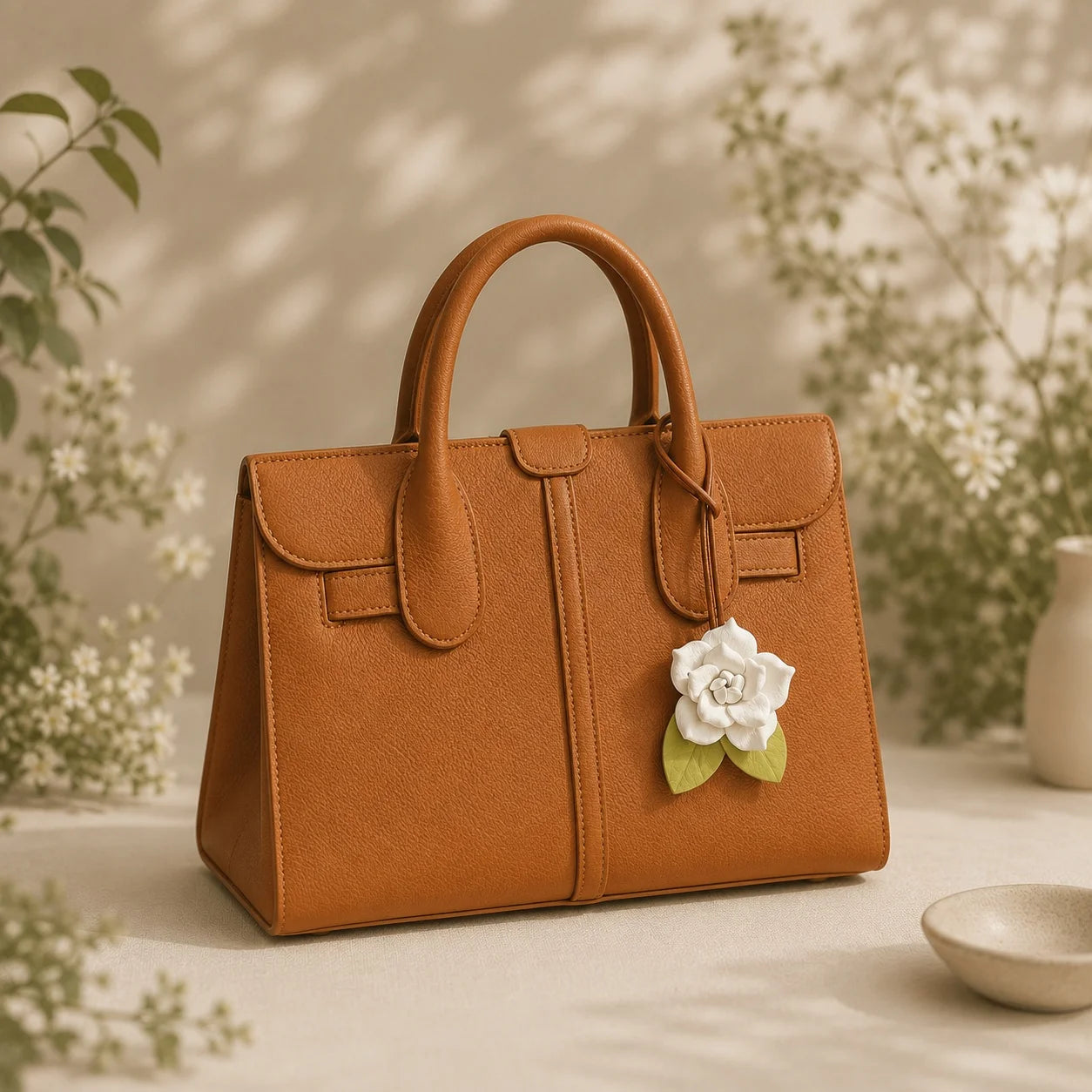 Colgante de Bolso Rosa de Cuero Pintado a Mano – Elegante Accesorio Floral para Bolso, Regalo Único para Ella