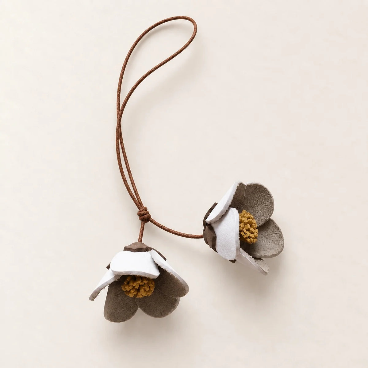 Handcrafted Double Bellflower Leather Bag Charm, White and Gray-Green Botanical Handbag Accessory with Sculpted Cowhide Blooms