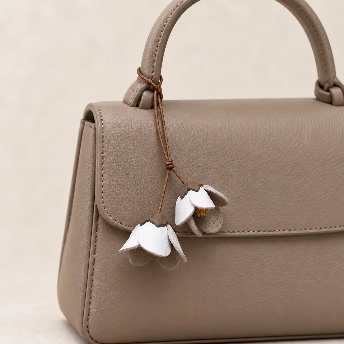 Handcrafted Double Bellflower Leather Bag Charm, White and Gray-Green Botanical Handbag Accessory with Sculpted Cowhide Blooms