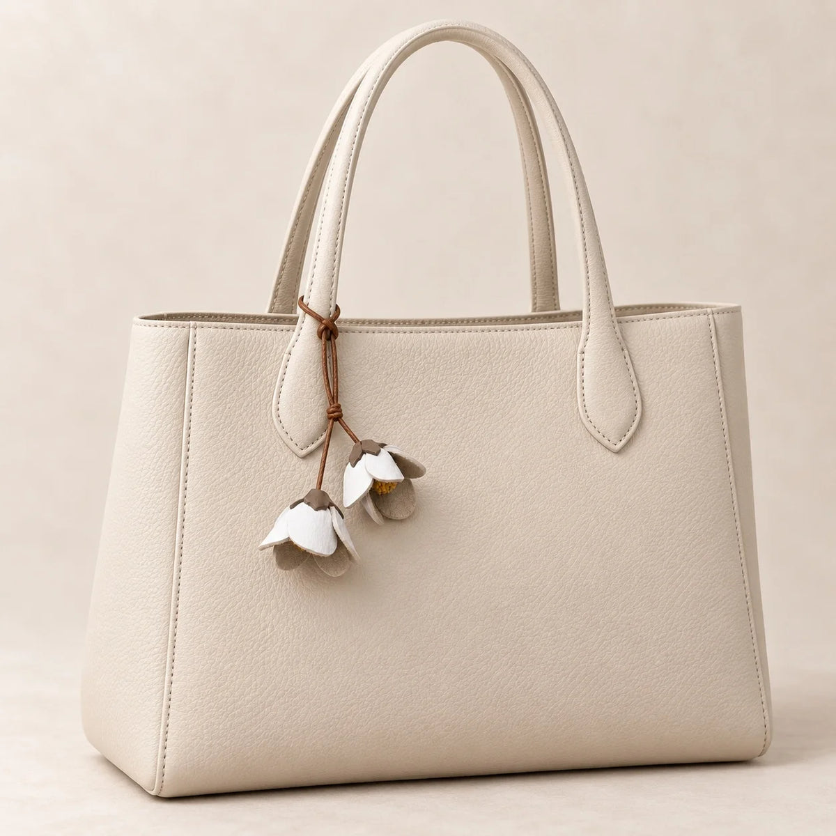 Handcrafted Double Bellflower Leather Bag Charm, White and Gray-Green Botanical Handbag Accessory with Sculpted Cowhide Blooms