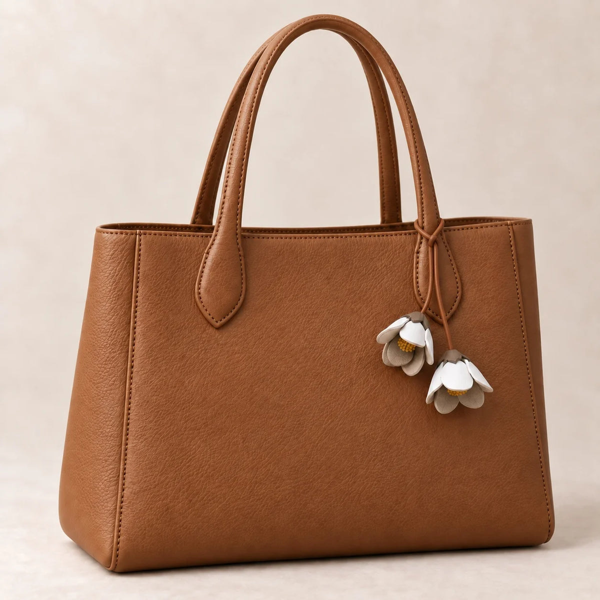 Handcrafted Double Bellflower Leather Bag Charm, White and Gray-Green Botanical Handbag Accessory with Sculpted Cowhide Blooms