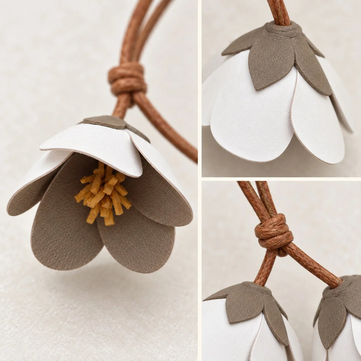 Handcrafted Double Bellflower Leather Bag Charm, White and Gray-Green Botanical Handbag Accessory with Sculpted Cowhide Blooms