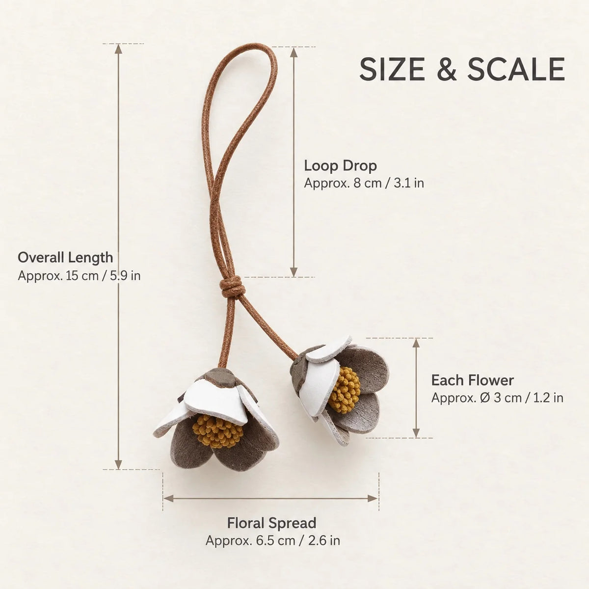 Handcrafted Double Bellflower Leather Bag Charm, White and Gray-Green Botanical Handbag Accessory with Sculpted Cowhide Blooms