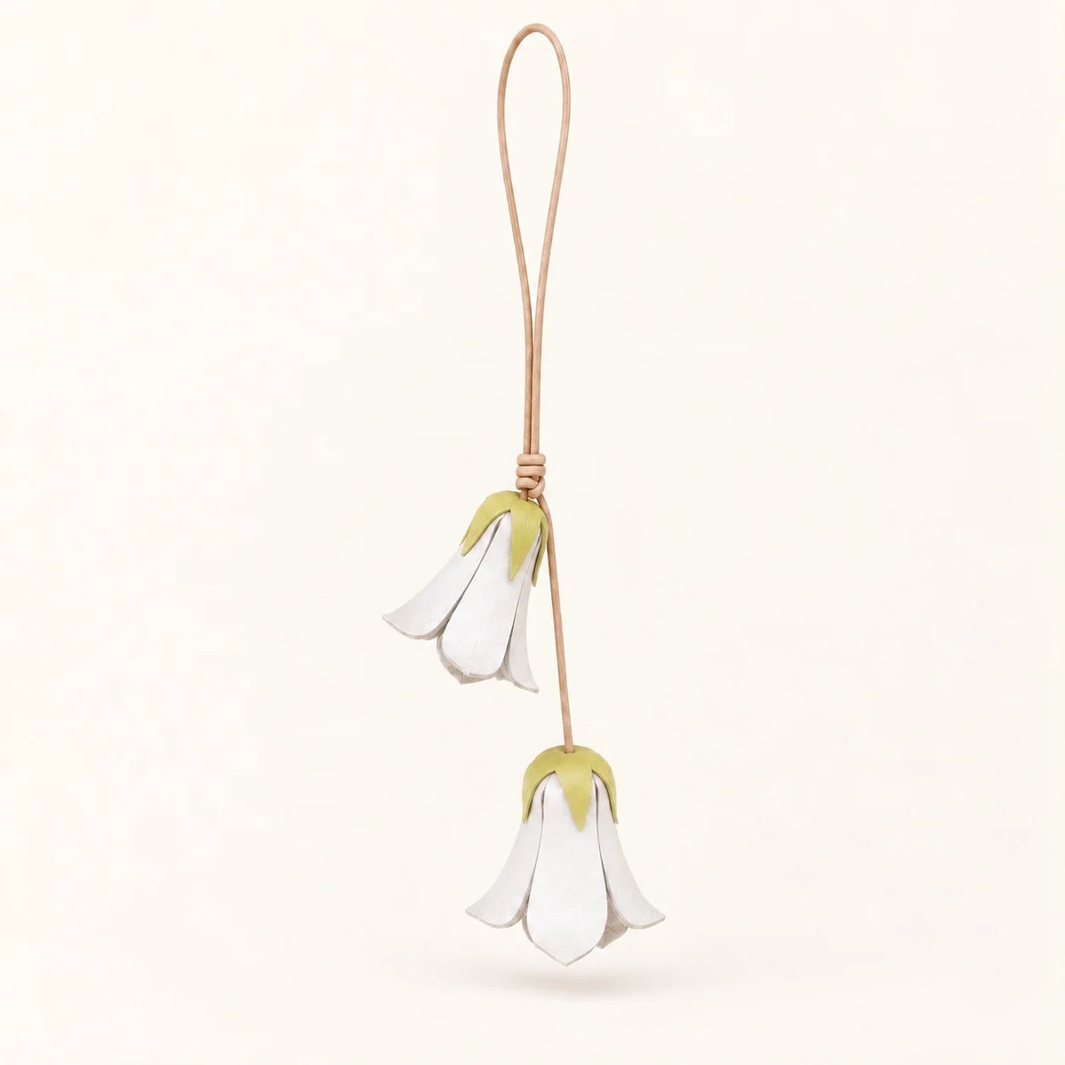 Handcrafted White Bellflower-Inspired Cowhide Leather Bag Charm with Twin Hanging Blooms, Slim Leather Cord and Soft Botanical Detail for Handbags