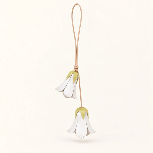 Handcrafted White Bellflower-Inspired Cowhide Leather Bag Charm with Twin Hanging Blooms, Slim Leather Cord and Soft Botanical Detail for Handbags